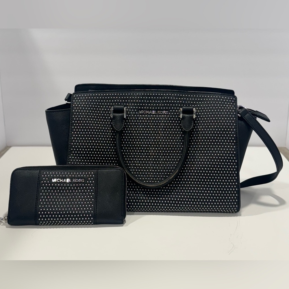 Michael Kors Black Studded Tote with Matching Wallet